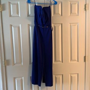 blue strapless capri pantsuit